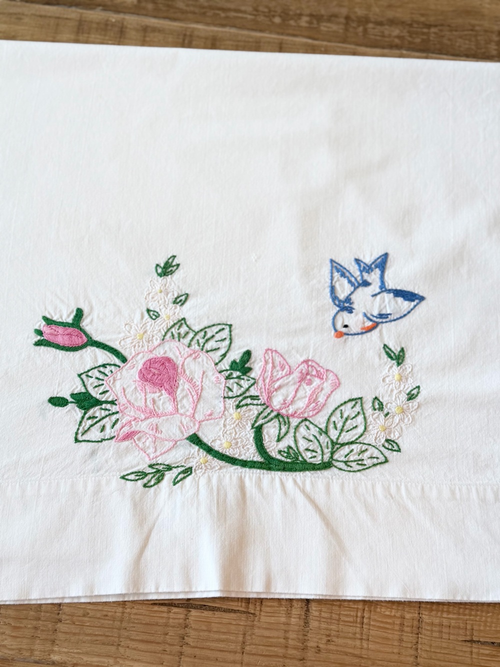 Vintage 1950’s Hand-Embroidered Bluebird Pillowcase. Springmaid | Cottagecore
